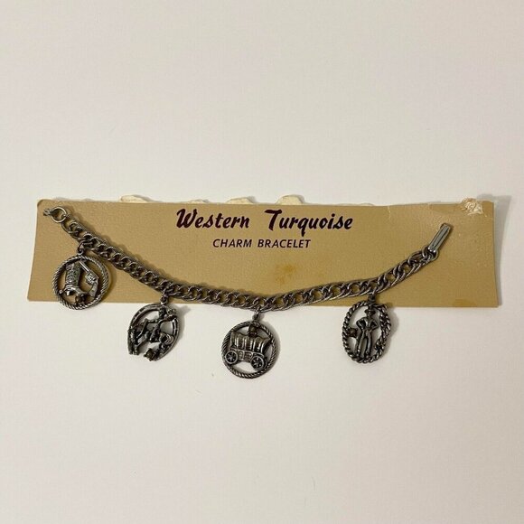 Vintage Western Faux Turquoise Charm Bracelet Cowboy Boots Horse Carriage Flaws - Picture 16 of 16